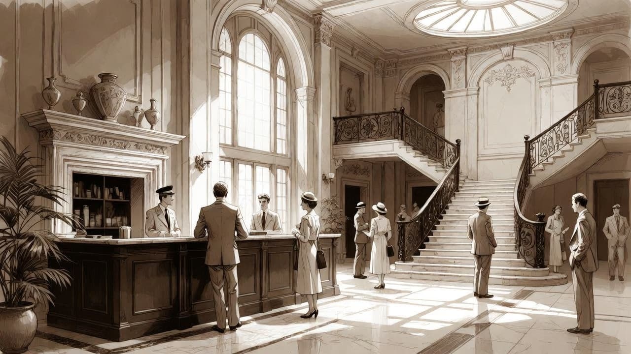 Illustrated bright hotel arrival hall used as demo media for the Deluxe King room