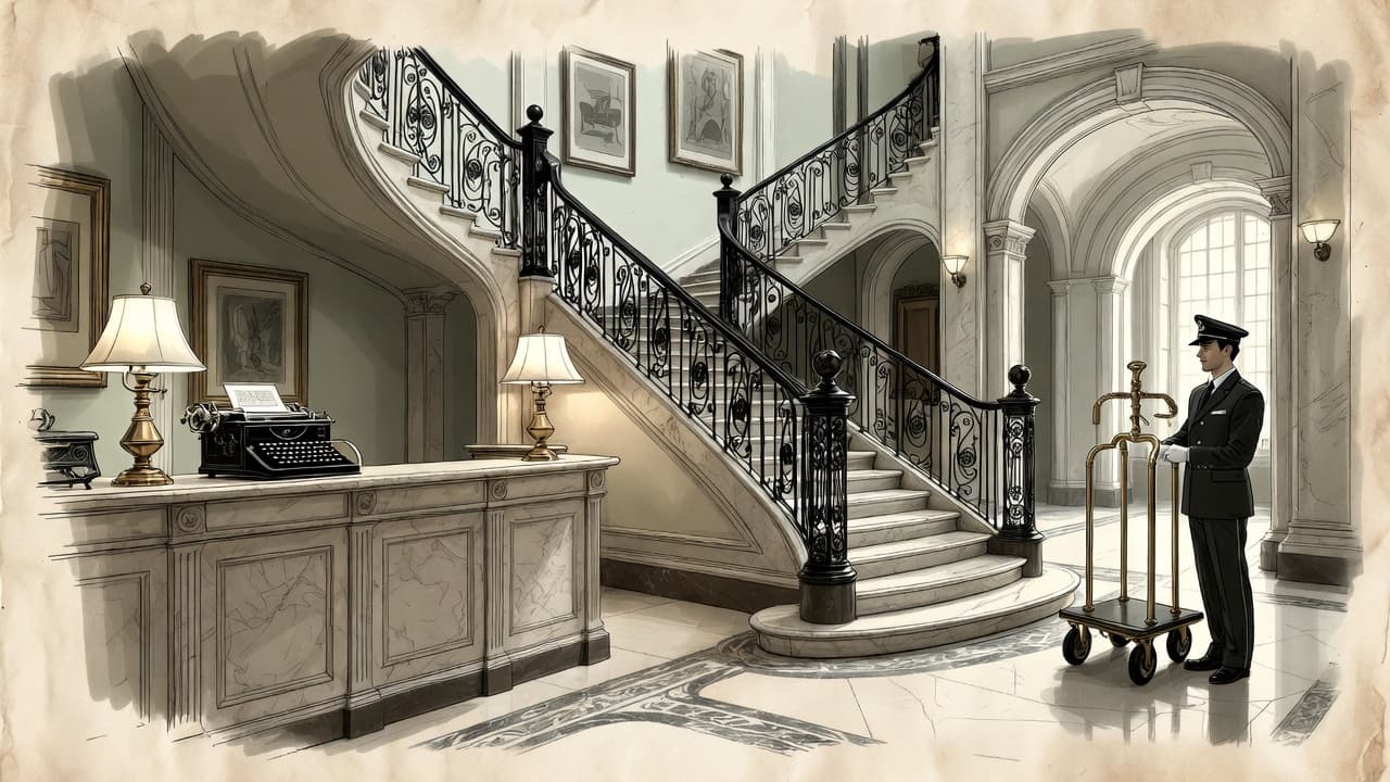 Illustrated classic hotel front desk used as demo media for the Standard King room